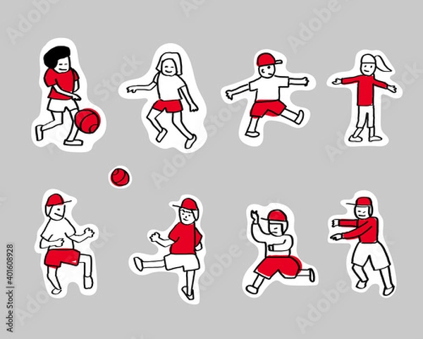 Obraz 学校生活／シンプルな線画手描きイラスト／レイヤーで服の色変え可能／休み時間・体育の風景