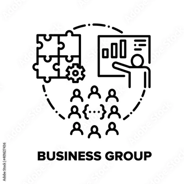 Obraz Business Group Vector Icon Concept. Managing Company Workers Group And Team Work, Employee Financial Profit Report On Meeting Or Sales Planning. Human Resources And Cooperation Black Illustration