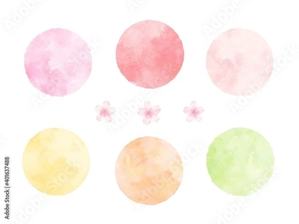 Fototapeta 水彩タッチな春色の水玉セット