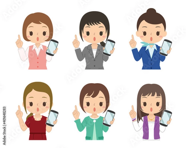 Fototapeta 指差しポーズでスマホを持つ女性　セット　イラスト