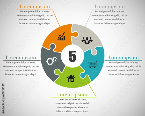 Obraz Five sided puzzle presentation infographic template with explanatory text field for business statistics
