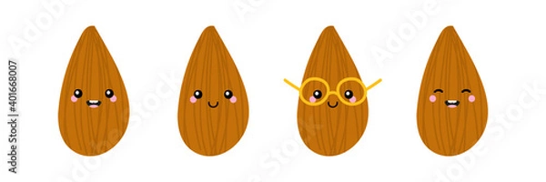 Fototapeta Set, collection of cute and happy cartoon almond nuts characters for healthy food design.