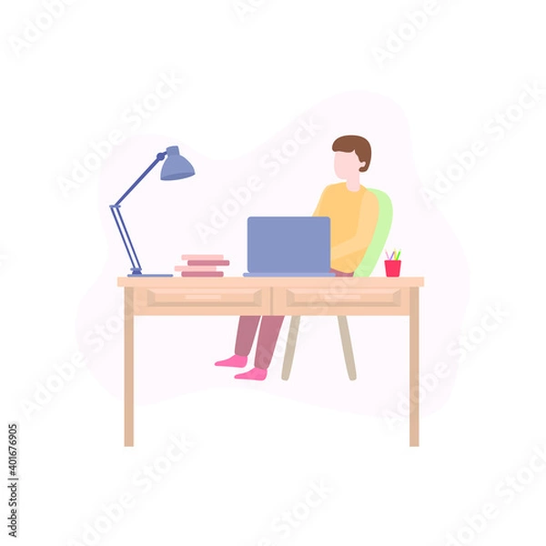 Fototapeta Workspace concept from home. Freelance man working on laptop from home in a comfortable environment. Vector flat illustration isolated on white background.