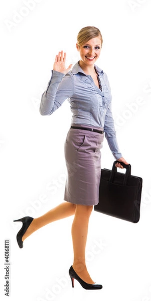 Obraz Happy businesswoman with briefcase isolated on white