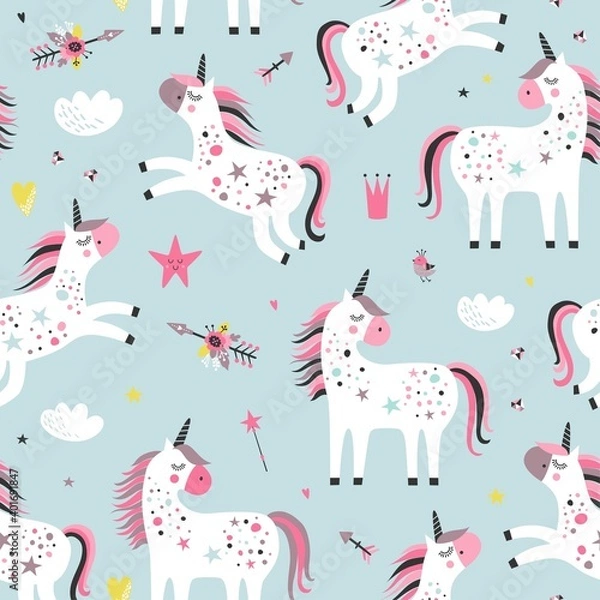Fototapeta Childish seamless pattern with unicorns. Creative nursery background. Perfect for kids design, fabric, wrapping, wallpaper, textile, apparel
