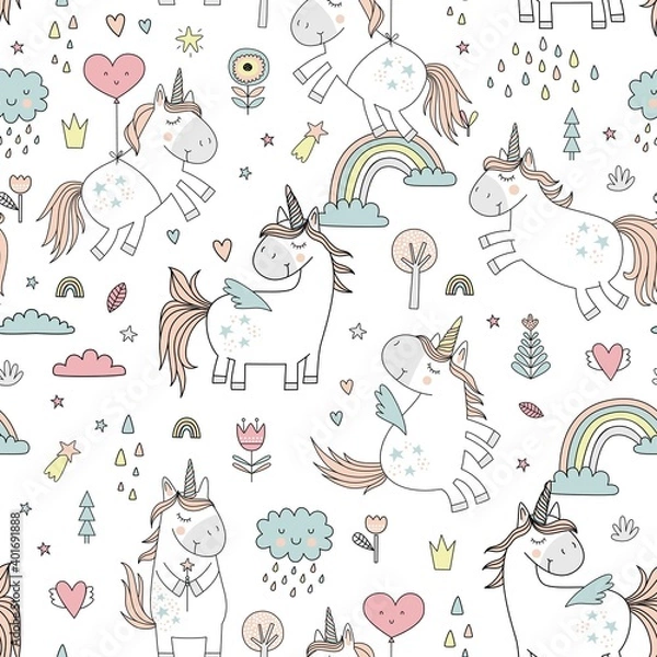 Fototapeta Childish seamless pattern with unicorns. Creative nursery background. Perfect for kids design, fabric, wrapping, wallpaper, textile, apparel

