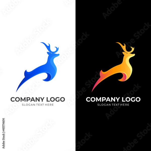 Fototapeta jump deer logo design with 3d yellow and blue color style