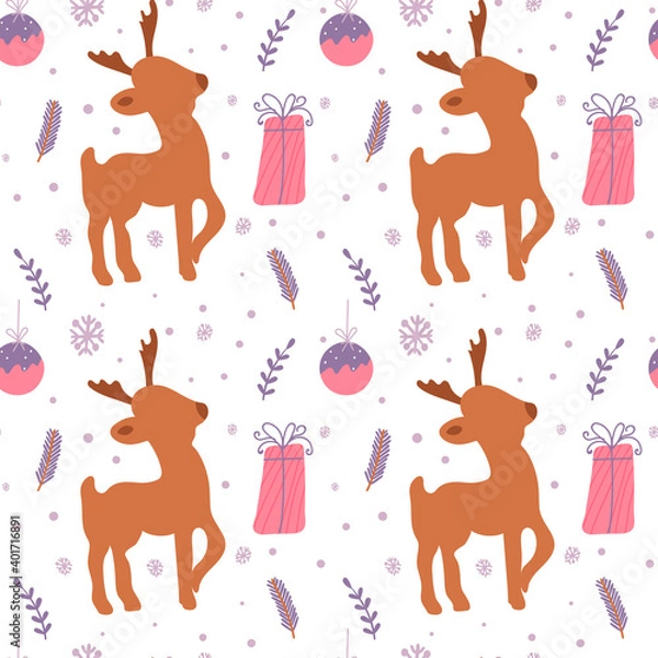 Fototapeta Christmas minimalistic seamless pattern with reindeer, present, and ball. Vector illustration with a winter motif for paper wrapping, postcards.