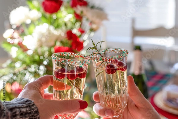 Obraz Festive holiday champagne cocktails or mocktails in vintage glassware