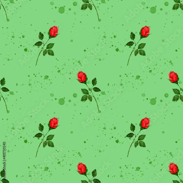 Fototapeta Seamless pattern with red rose sprigs and green splashes. On mint background. Ornate watercolor hand drawn illustration. For greeting cards,postcards,wallpapers,wrapping papers,fabrics,textiles.