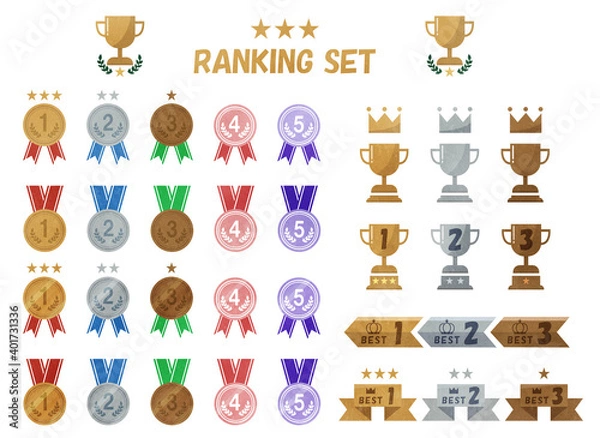 Fototapeta ランキング　メダル　トロフィー　水彩イラストセット