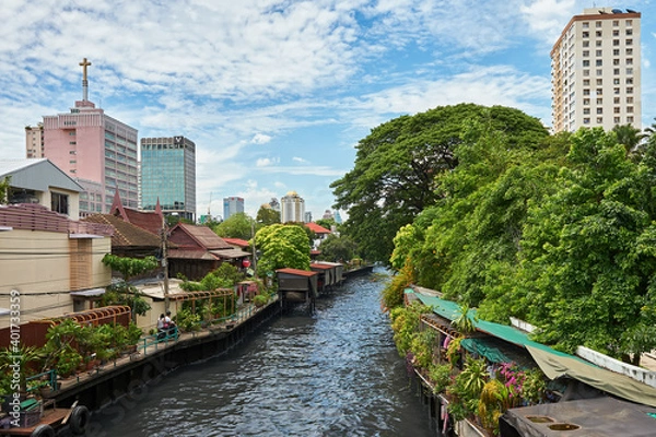 Fototapeta Empty Khlong near Siam with skyscrapers as background and beautiful green environment in Bangkok City, Thailand, Asia