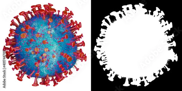 Fototapeta 3d rendering of coronavirus Covid-19 cell microscopic view, isolated on white background with alpha channel section.