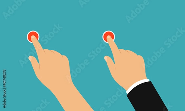 Fototapeta The hand of a businessman or woman pressed a red button with her index finger. Isolated on green background, vector
