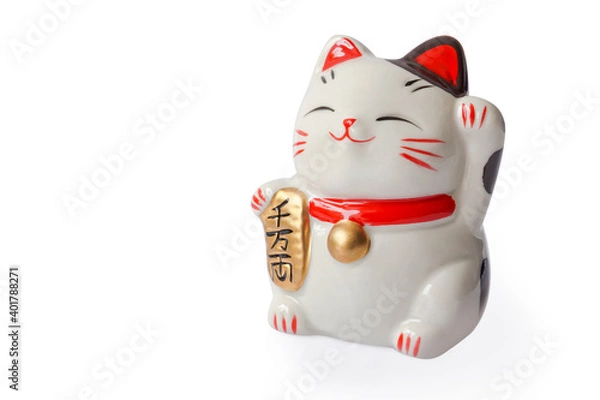 Obraz Maneki neko lucky cat show text on hand meaning rich on white background, select focus
