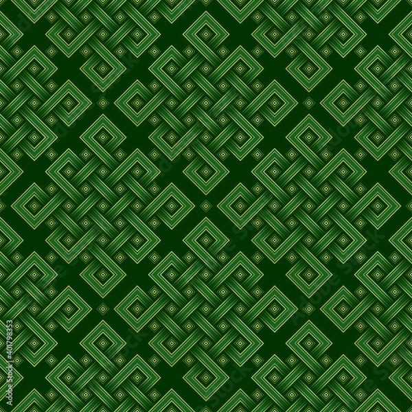 Obraz Geometric tibetan seamless pattern from endless knot. Oriental sacred geometry and asian folk style. Golden 3d symbol on dark background, vector.