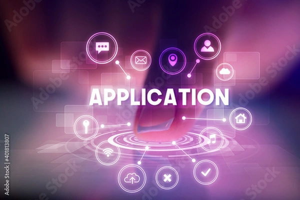 Fototapeta Finger touching tablet with web technology icons and APPLICATION inscription, web technology concept