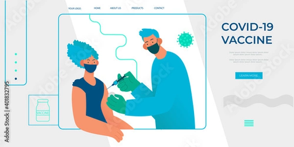 Obraz Concept for landing page or banners on covid-19 vaccination. Doctor in protective mask making injection to patient. Coronavirus vaccine. Flat cartoon vector illustration