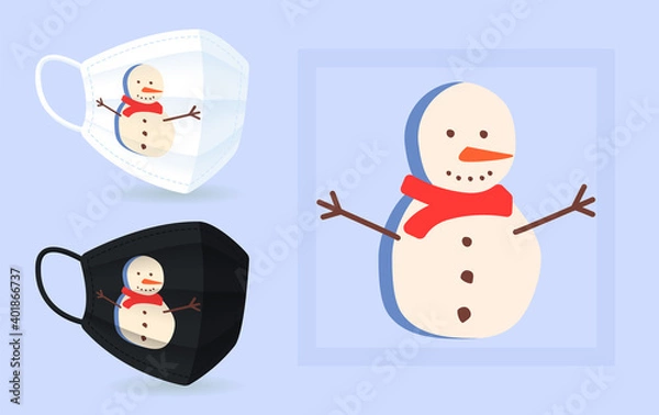 Fototapeta Happy smiling snowman in scarf on face mask black, white mockup with abstract element. Winter season holiday modern RGB color shape clipart. Trendy isolated doodles on blue background