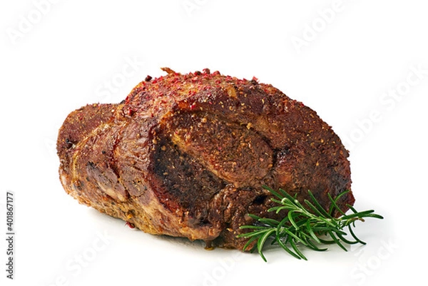 Fototapeta Roasted pork shoulder with seasoning on white