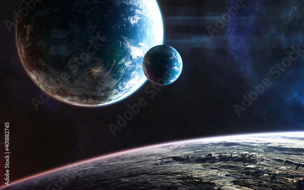 Fototapeta Inhabited planets in deep space in light of blue star. Science fiction. Elements of this image furnished by NASA