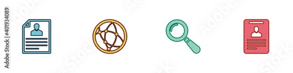 Fototapeta Set Resume, Social network, Magnifying glass and Identification badge icon. Vector.