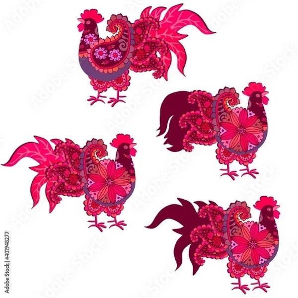 Fototapeta Four brightly patterned folk-style roosters with paisley-shaped wings and expressive tails isolated on a white background. Design elements.