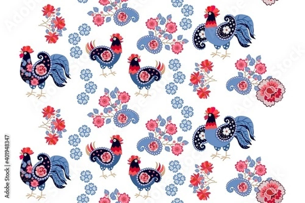 Fototapeta Charming seamless ornament with patterned cockerels and hens, flower garlands, bouquets and paisley on a white background. Magic print for fabric, wallpaper in Russian folk style.