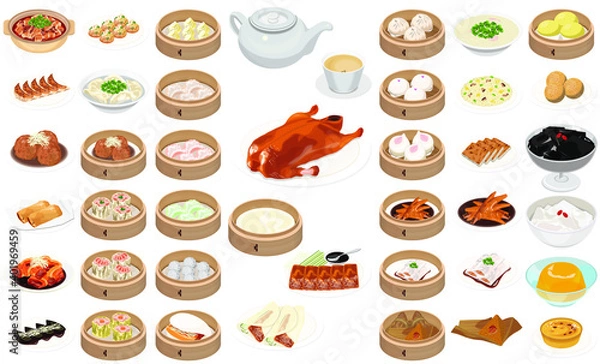 Obraz 飲茶・点心の人気メニューアイコン①（北京ダック、小龍包、焼売、餃子、杏仁豆腐）