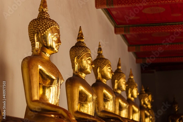 Fototapeta Buddha Statues in temple in Bangkok, Thailand