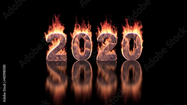 Obraz 2020 year text burning in fire on glossy surface – 3d animation