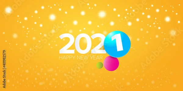 Obraz 2021 Happy new year horizontal banner background or greeting card with text. vector 2021 new year numbers isolated on orange horizontal background with lights