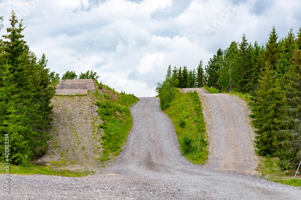 Fototapeta Car testing site grounds track hills in Sweden, car testing polygon, vertical car climb test