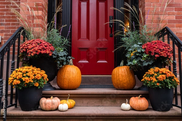 Fototapeta Colorful Pumpkins and Flowers on the Stairs of an Old Brownstone Home in New York City during Autumn