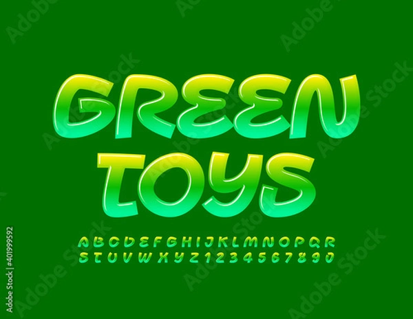 Fototapeta Vector creative sign Green Toys. Artistic style glossy Alphabet Letters and Numbers. Gradient color Font