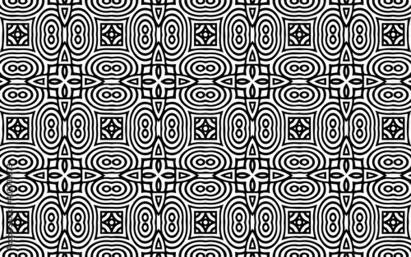 Fototapeta Geometric ethnic texture in doodling style. Indian background from a pattern of intertwined lines, polygons, squares, ovals. Abstract black white template.