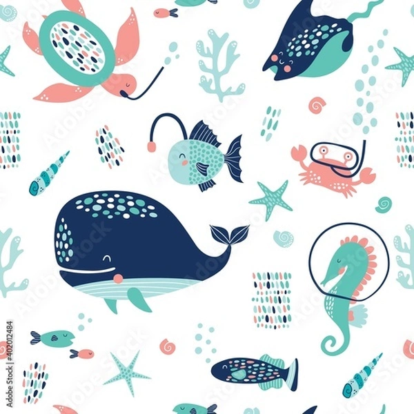 Fototapeta Sea life cute vector pattern. Vector illustration for kids design, wallpaper, wrapping, textile, package design.

