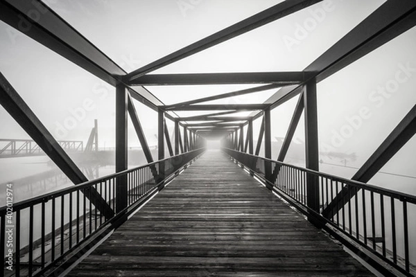 Obraz A grayscale shot of light at the end of a modern beautifully architectured bridge surrounded by fog