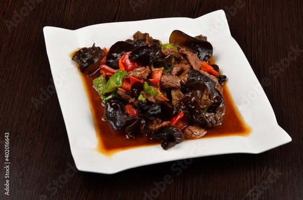 Obraz beef stew with stewed peppers and mushrooms in sauce