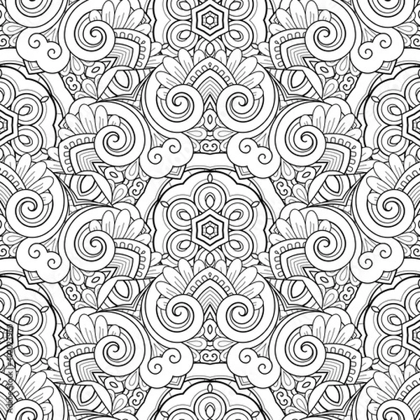 Fototapeta Vector Seamless Monochrome Pattern. Printable Coloring Pages. Hand Drawn Decorative Squama