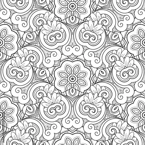 Fototapeta Vector Seamless Monochrome Pattern. Printable Coloring Pages. Hand Drawn Decorative Squama