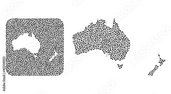 Obraz Map of Australia and New Zealand collage created with rounded items and carved shape. Vector map of Australia and New Zealand collage of round dots in different sizes and gray color hues.