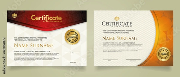 Obraz Set vertical and horizontal certificate template with lines circle pattern and wave checkered lines pattern ornament. Diploma. Vector illustration