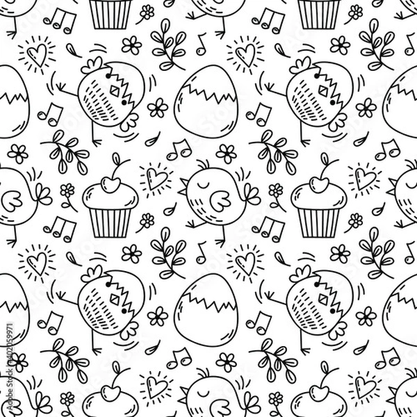 Fototapeta spring seamless pattern with eggs, cute chickens, cupcakes and other easter decorative elements