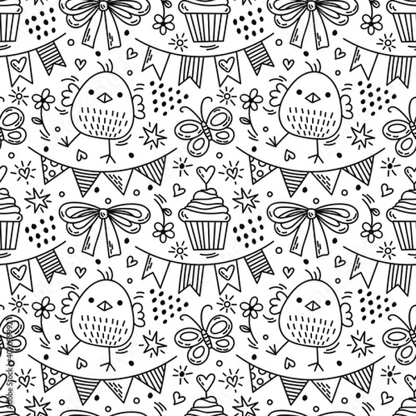 Fototapeta spring doodle seamless pattern with cute birds and easter elements