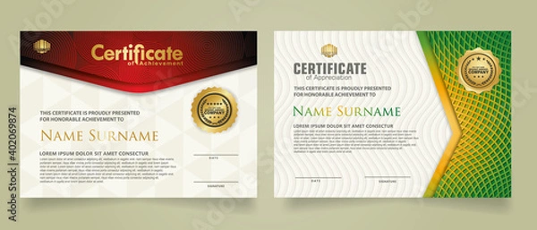 Obraz set elegant and futuristic certificate template with lines circle pattern and wave checkered lines pattern ornament. Diploma. Vector illustration