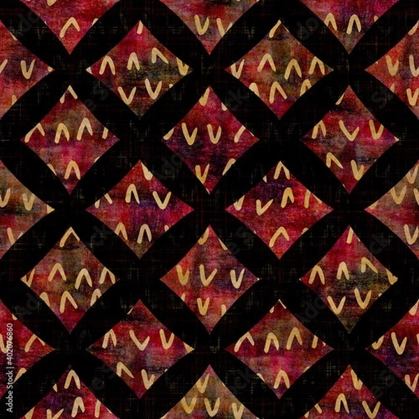 Fototapeta Seamless dark check mosaic block print background. Boho ethnic soft furnishing fabric style. Tie dye decorative grid motif pattern textile. Grunge winter blur raster jpg swatch all over print.