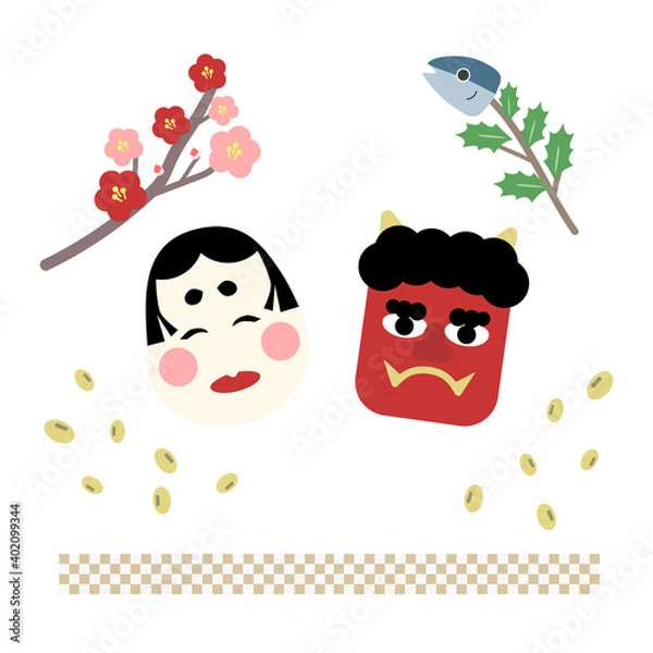 Obraz 福の神と鬼と豆まき梅の花節分イラスト素材
