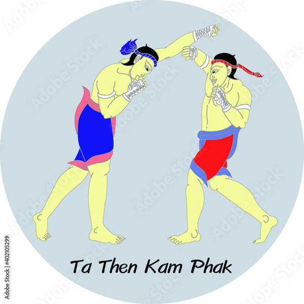 Fototapeta The Thai Art of Boxing, A Thai Heritage, Major Thai-style boxing winning card : 15 styles.
 1 of 15 styles of  Mae Mai Muay Thai.This style is called Synod Pole the Pods. 
(Ta Then Kam Phak)