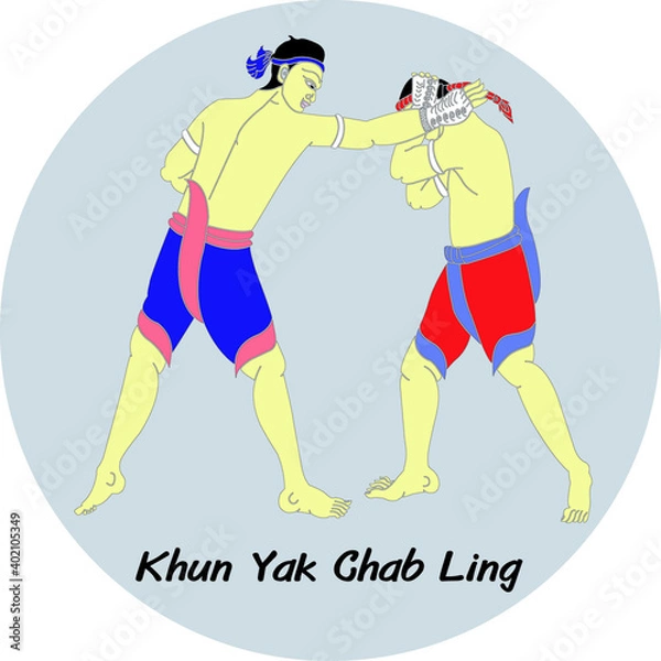Fototapeta Major Thai-style boxing winning card : 15 styles.1 of 15 styles of  Mae Mai Muay Thai.
This style is called the giant catch a monkey.
Thai language is called Khun Yak Chub Ling.